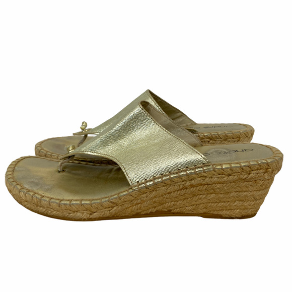 Andre Assous Sandals 40 / 9.5 Womens Gold Leather Thong Espadrille Wedge Spain - Picture 2 of 12